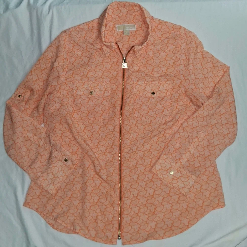 Michael Kors Womens Orange Paisley Print Zip Front‎ Collared Shirt Top Size XL